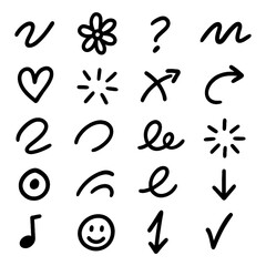 Hand drawn doodle symbols with playful sketch elements and abstract icons, Transparent Background