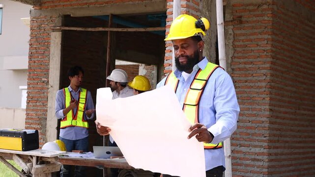 African American male engineer working with blue print : Architect and contractor worker planning and architecture in house building under construction site. Engineering in safety harthat helmet