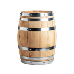 Obraz premium Rustic wooden barrel with metal hoops isolated on transparent background