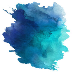 Blue and turquoise watercolor paint splash with soft fluid texture on transparent background