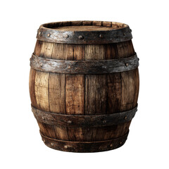 Obraz premium Rustic wooden barrel with aged metal bands isolated on transparent background