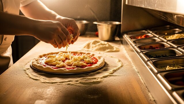 Hands of a chef preparing a delicious pizza by adding cheese to the topping in a professional kitchen