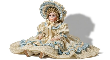 Obraz premium Vintage doll with frilly blue-trimmed dress and bonnet, seated against a white backdrop