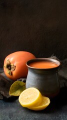 Quince juice in ceramic cup with sliced fruit, natural shadow and top area reserved for text