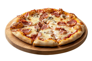 Delicious pizza with a crispy crust and assorted toppings on a wooden platter.