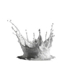 Creamy white liquid splash captured mid-air with dynamic droplets on transparent background
