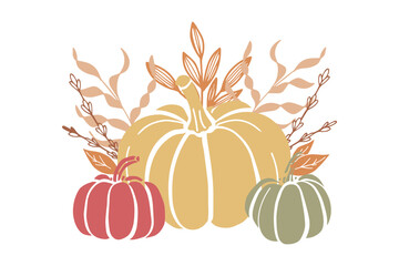 Flat vector of three pumpkins in red, green, and yellow decorated with autumn leaves and branches. Perfect for seasonal decor, cards, and digital projects.