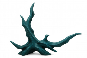 Teal driftwood sculpture isolated on transparent background, perfect for interior design projects or artistic compositions