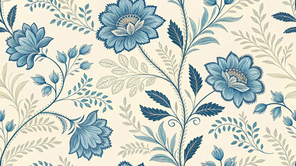 Blue floral pattern with vintage botanical design on cream background