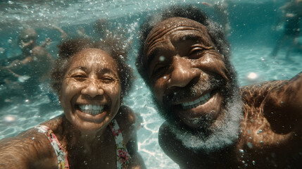 Joyful senior black couple woman and man swim in cler water with a radiant smie