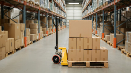 Cardboard boxes on hand pallet trucks in the warehouse.