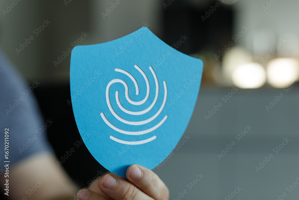 Poster secure your data with our advanced protection. high-quality image of a blue shield with a fingerprin