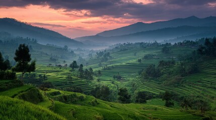 Fototapeta premium Stunning sunset illuminates the lush green rice terraces in a tranquil valley.