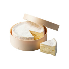 Whole round Camembert cheese, white bloomy rind, creamy pale yellow interior, a cut wedge beside it, in an open light wooden box, on a transparent background, gourmet appeal