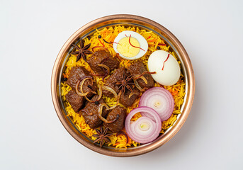 Top view of delicious mutton biryani with egg and onion isolated on white