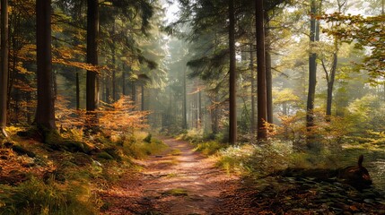 Obraz premium A sun-drenched path beckons through a vibrant autumn forest, creating a tranquil scene.