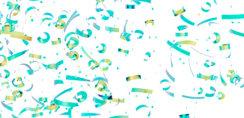 Festive teal and gold confetti falling on white. Perfect for party invitations, banners, and celebratory designs.