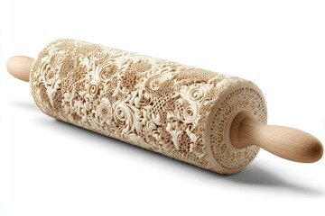 Ornate, decorative rolling pin with detailed floral and scrollwork design