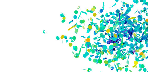 Bright teal, green, and yellow confetti falling on white. Perfect for party invitations, banners, or celebratory designs.