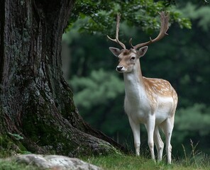 Obraz premium Majestic fallow deer stands proudly near ancient tree in lush european forest
