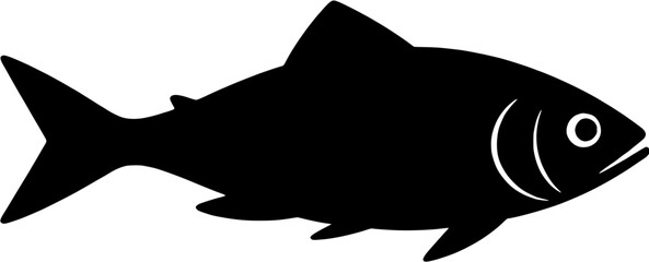 Black silhouette icon of a fish swimming, suitable for seafood or fishing themes