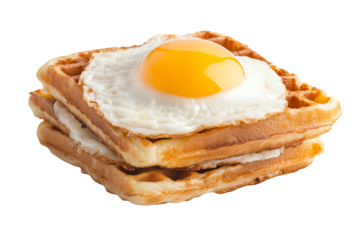 Delicious waffles topped with a perfectly cooked fried egg, isolated on a white background.
