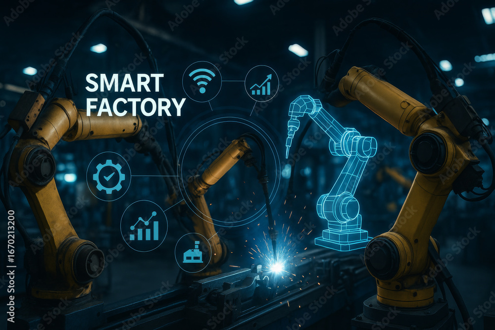 Poster robotic arms in smart factory are engaged in automated welding, showcasing advanced technology and i