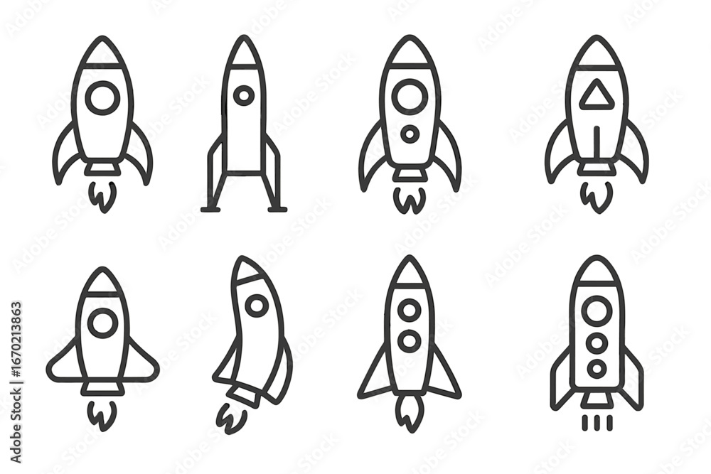 Aufkleber vector outline icon set featuring various rocket designs in multiple orientations and styles suitabl