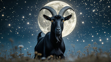 Majestic Black Goat Under the Bright Full Moon in Night Sky