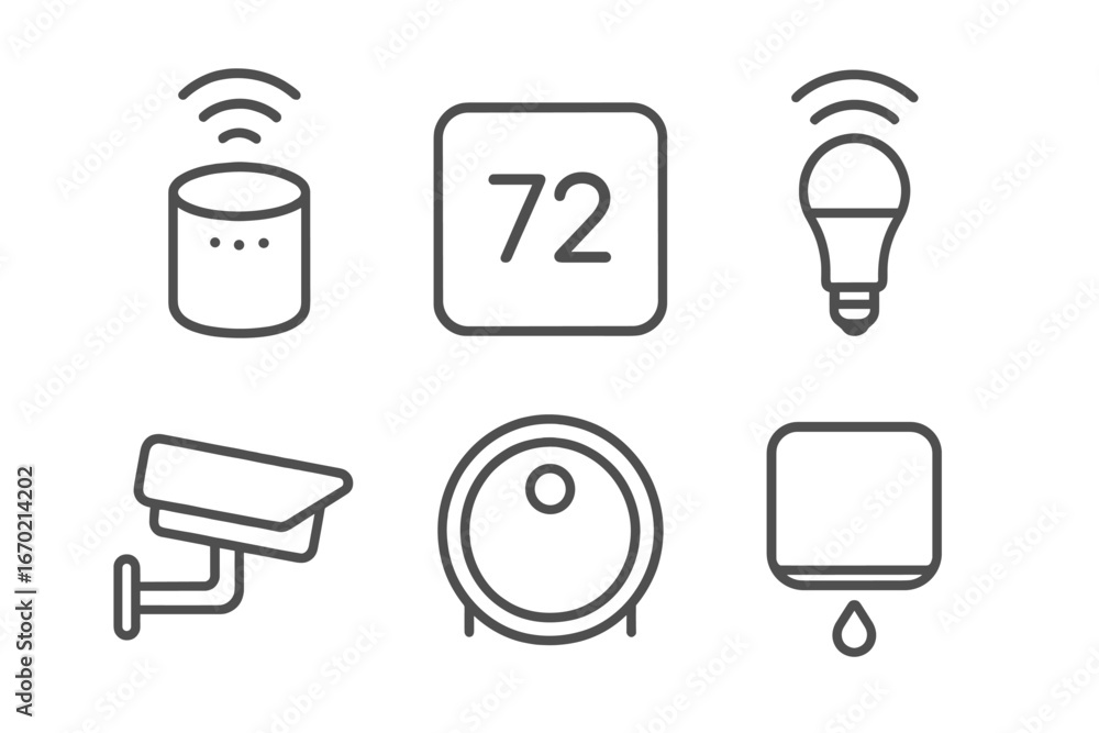 Poster vector outline icon set showcasing smart home technology features including security cameras and sma