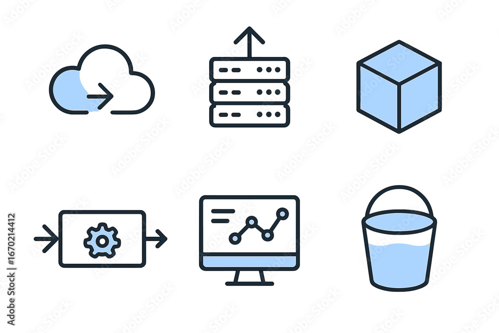 Poster vector outline icon set depicting data transfer, storage, analysis, and resource management in a min