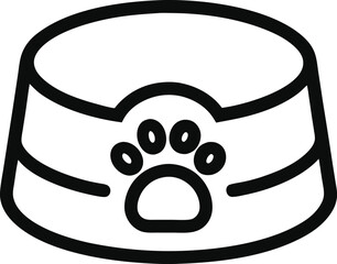 Minimal line art icon of a pet food bowl with paw symbol inside.