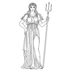 Ocean Queen Amphitrite Line Art – Amphitrite Vector Outline Drawing with Flowing Waves Symbol – Amphitrite Drawing – Vector of Amphitrite – Amphitrite Outline – Greek Goddess Lineart