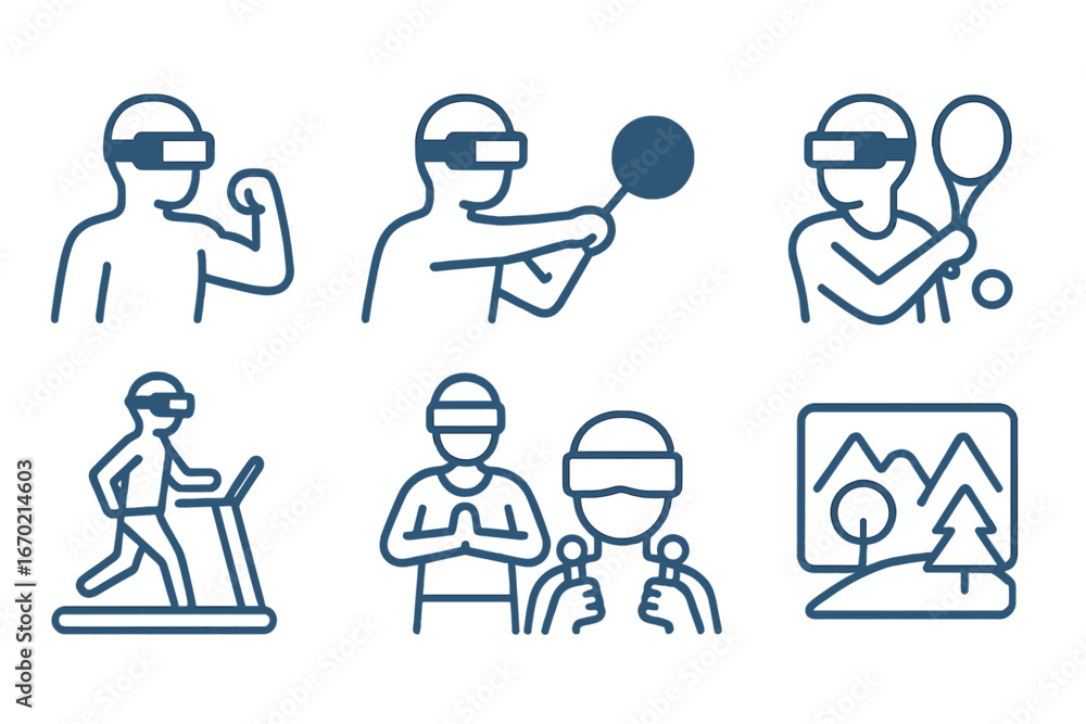 Poster vector outline icon set depicting various fitness activities using virtual reality technology and in