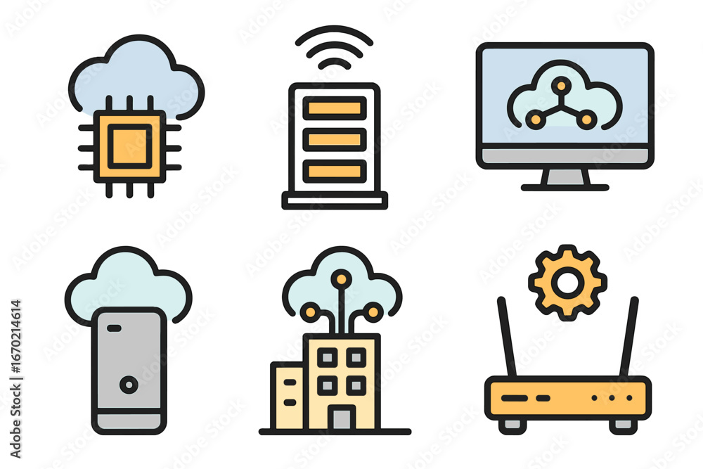Poster collection of vector outline icons representing cloud computing technology and network infrastructur