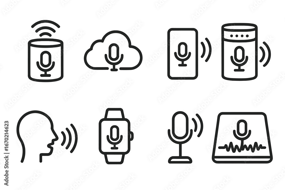 Aufkleber vector outline icons depicting various voice recognition technologies for digital communication and 
