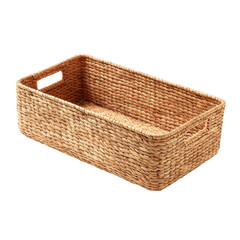 Rectangular woven wicker basket with handles made of natural fibers isolated on transparent background