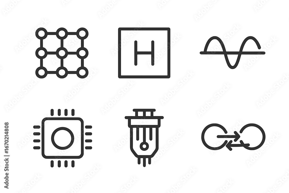 Poster vector outline icon set featuring technology symbols representing data, hardware, and connectivity c