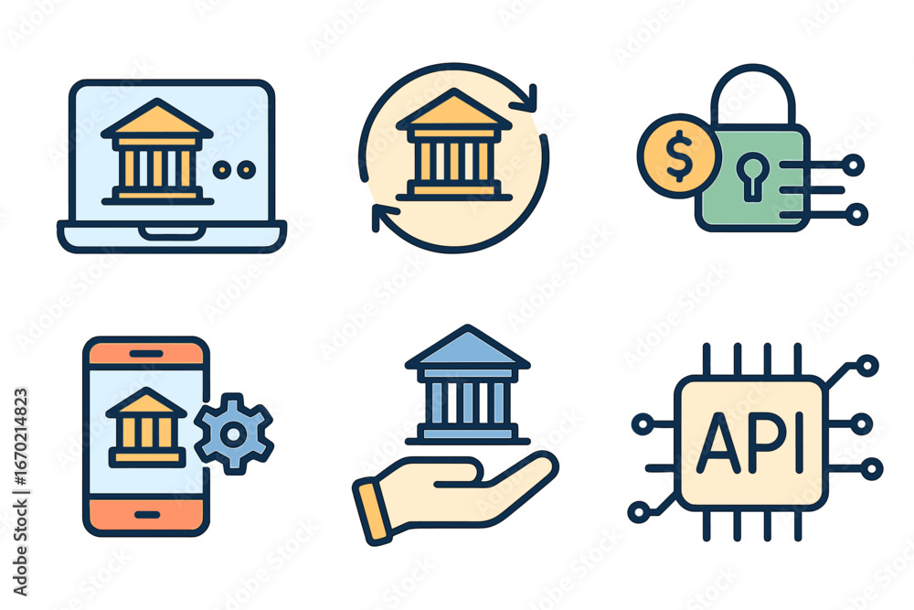 Poster vector outline icon set representing financial services, banking transactions, and secure api integr