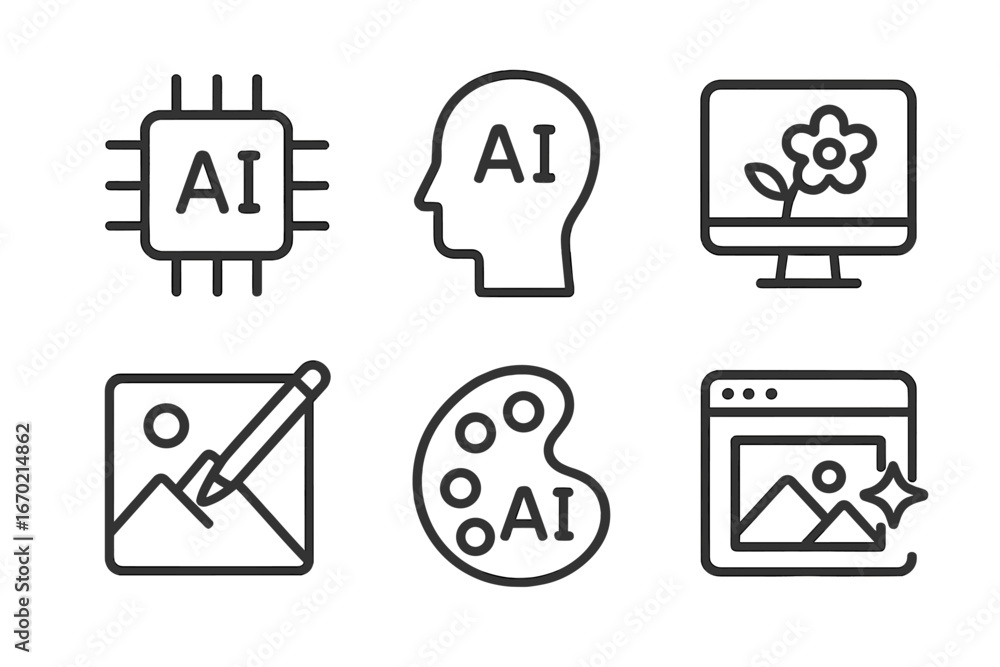 Poster vector outline icon set showcasing various artificial intelligence concepts and digital creativity e