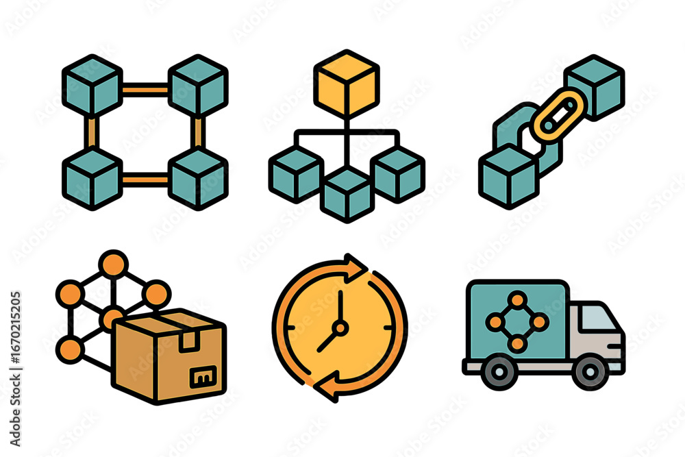 Poster vector outline icon set featuring network structures, logistics elements, and time management symbol