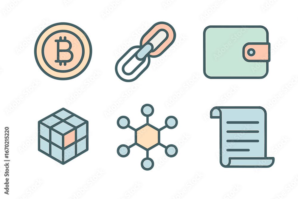 Poster digital symbols of cryptocurrency and blockchain technology concepts
