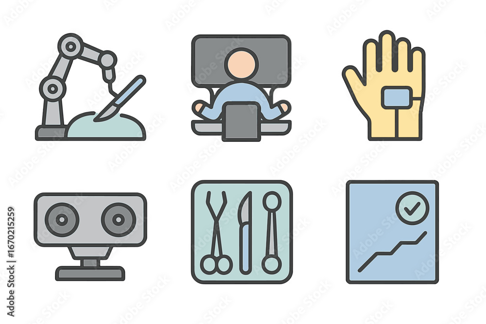 Poster vector outline icon set featuring technology, robotics, and health-related activities designed for m
