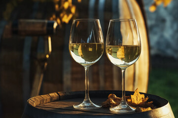 Two white wine glasses on barrel in autumn