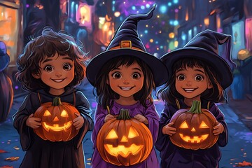 Fototapeta premium Adorable kids in witch hats with glowing pumpkins create a magical Halloween season atmosphere
