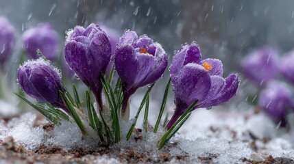 Spring crocuses in snow