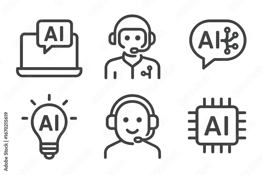 Poster overview of vector outline icon set featuring artificial intelligence concepts and support symbols i