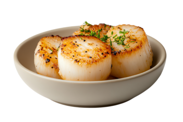 Deliciously seared scallops garnished with herbs in a bowl, perfect for gourmet dishes. Isolated on a white background.