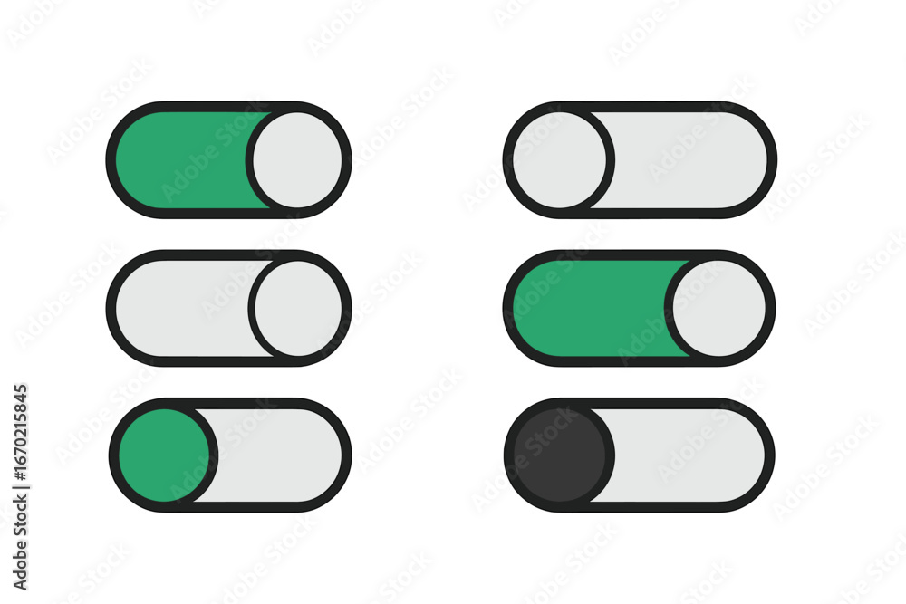 Poster outline icon set featuring toggle switches in various positions used for ui design and customization