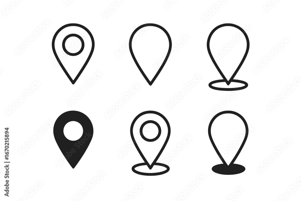Aufkleber vector outline icon set featuring various styles of location markers suitable for mapping and naviga